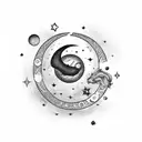A celestial scene featuring a crescent moon surrounded by three shining stars tattoo design idea