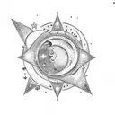 A celestial scene featuring a crescent moon surrounded by three shining stars tattoo design idea