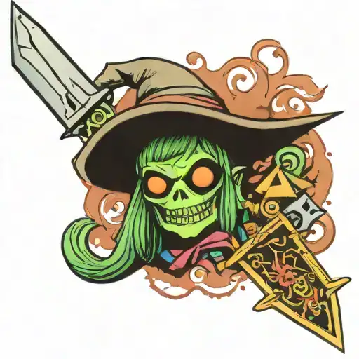 ectoplasma with zelda's hat and master sword in hand tattoo design idea