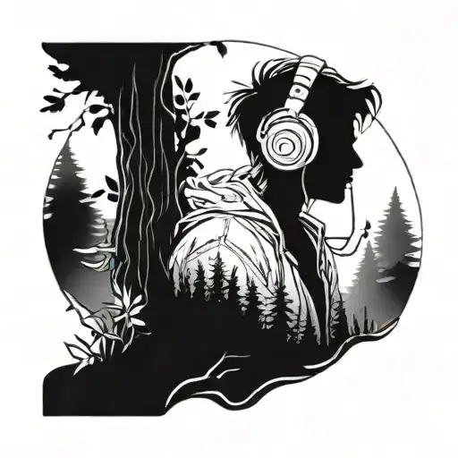 A tattoo of a mystical forest with a hidden anime character listening to music on headphones tattoo design idea