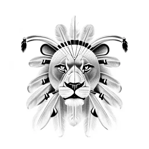 roaring lion with full Indian chief headdress  tattoo design idea