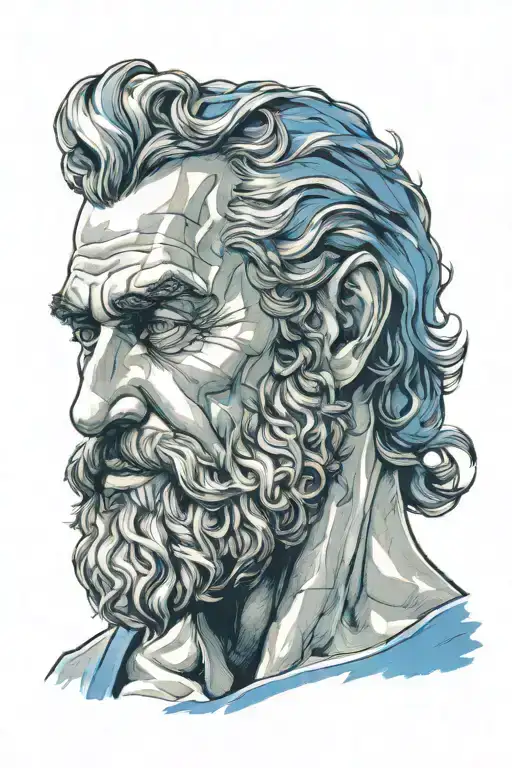 A bearded Greek god with blue light shining from his eyes, his head turned to the right tattoo design idea