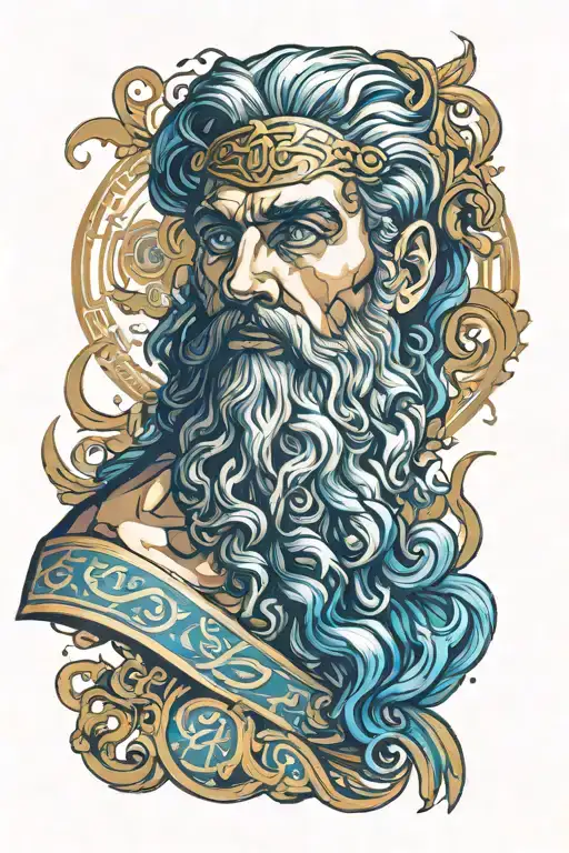A bearded Greek god with blue light shining from his eyes, his head turned to the right tattoo design idea
