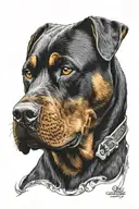 A Rottweiler breed dog with half skull and half normal red eyes tattoo design idea