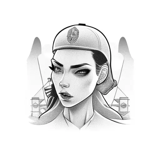 gangster woman's head with a  train in the background  tattoo design idea