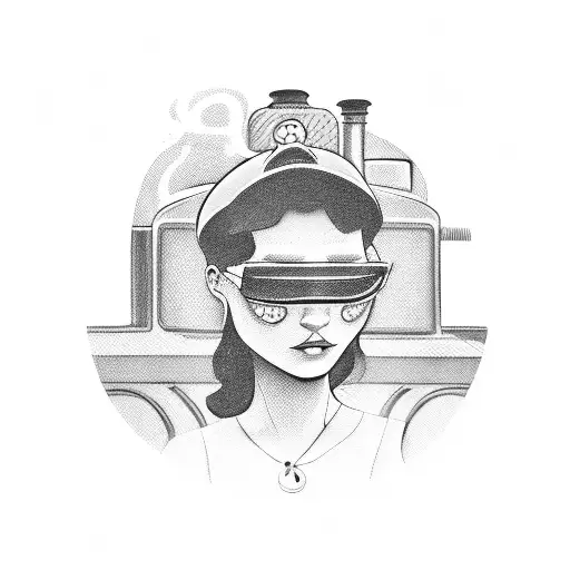 gangster woman's head with a train in the background  tattoo design idea