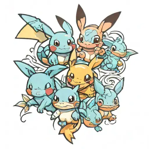 Pikachu, Squirtle, Charmander, and Shinx together tattoo design idea