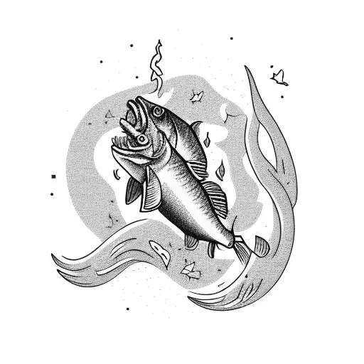 whole fish smoking a cigar, Canadian themed, maple leaves falling in the background tattoo design idea