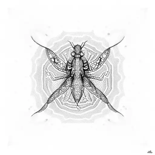 A mesmerizing dotwork pattern of water ripples with a mantis gracefully swimming in the center tattoo design idea