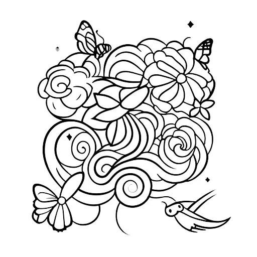A majestic paradise garden filled with exotic flowers and plants, where a graceful butterfly flutters above, while an orange cat peacefully rests beneath a shady tree. tattoo design idea