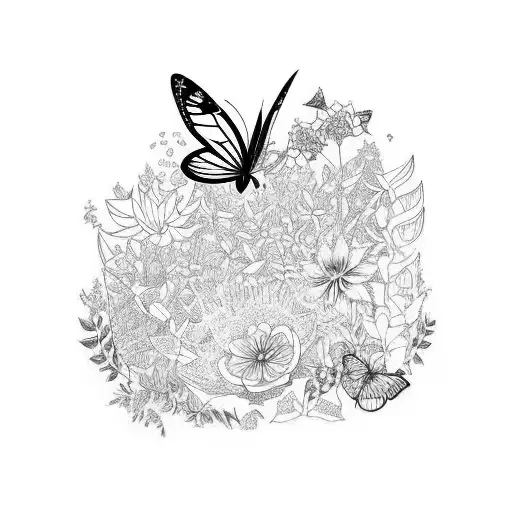 A majestic paradise garden filled with exotic flowers and plants, where a graceful butterfly flutters above, while an orange cat peacefully rests beneath a shady tree. tattoo design idea