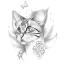 The tattoo emphasizes the word Paradise, with elements of paradise, a butterfly, an orange cat. tattoo design idea