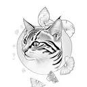 The tattoo emphasizes the word Paradise, with elements of paradise, a butterfly, an orange cat. tattoo design idea