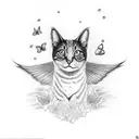 The tattoo emphasizes the word Paradise, with elements of paradise, a butterfly, an orange cat. tattoo design idea