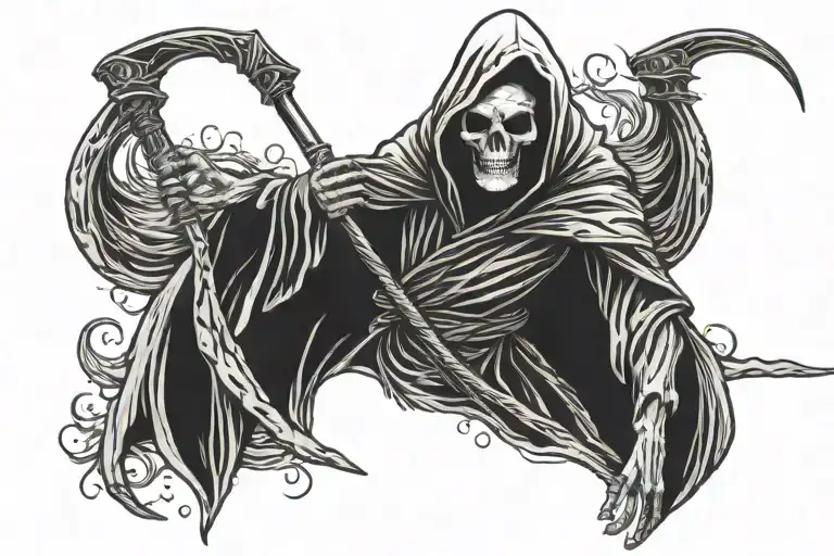 a grim reaper holding a scythe and spreading his wing facing front tattoo design idea