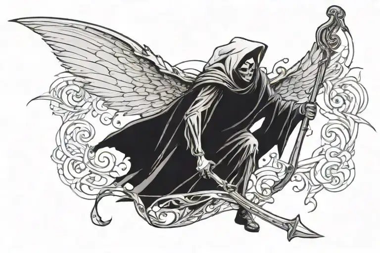 A grim reaper holding his scythe and spreading his wings tattoo design idea