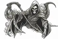 a grim reaper holding a scythe and spreading his wing facing front tattoo design idea