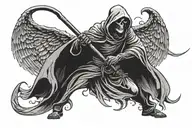 a grim reaper holding a scythe and spreading his wing facing front tattoo design idea
