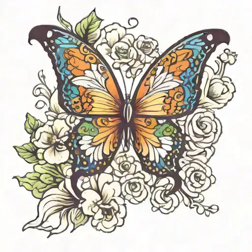 butterfly half angel wings flying above tulip flowers and a four leaf clover with the number 817 in it tattoo design idea