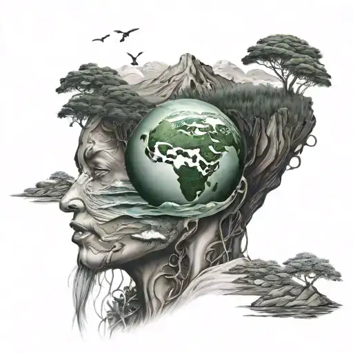 Mother earth as a landscape of her whole body aching inside her thoughts as they are coming out of her  tattoo design idea