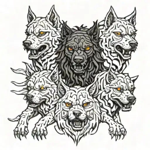 A modern interpretation of Cerberus with each head representing a different aspect of horror (fear, terror, dread) tattoo design idea