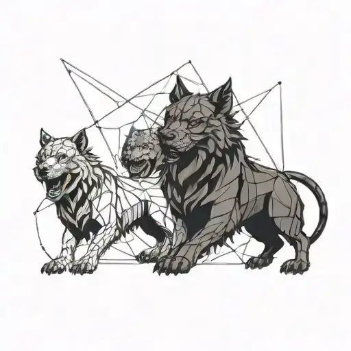 A unique blackwork tattoo of Cerberus in a more abstract and geometric style, incorporating elements of horror such as dark shadows and eerie lighting tattoo design idea