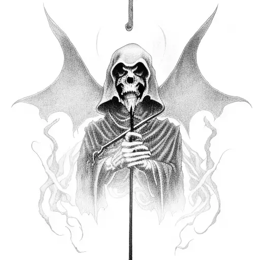 Grim reaper with a big scythe above him with the robe kind of flowing like a dementor from Harry Potter with skulls some tattoo design idea