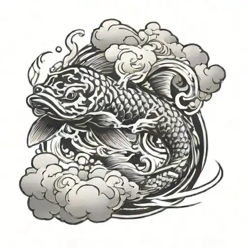 A koi fish swimming through a cloud of smoke tattoo design idea