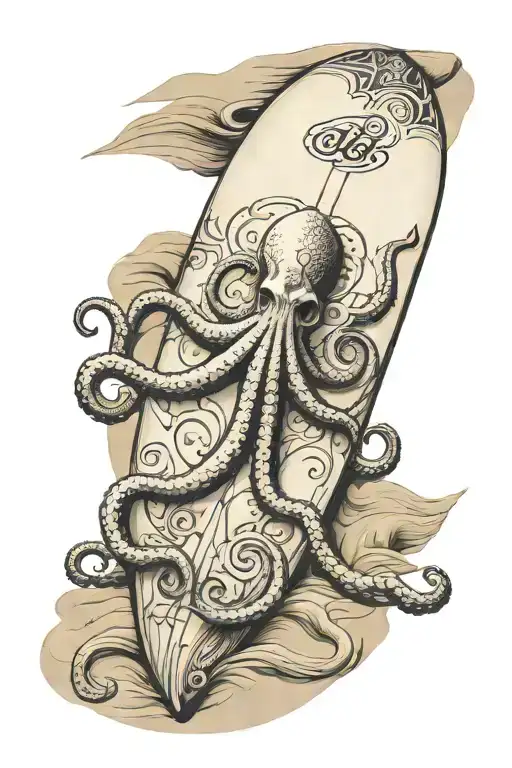 surfboard in the sand with the surfboard brand name being (D.L.B) on the surfboard and visible with an octopus  tattoo design idea