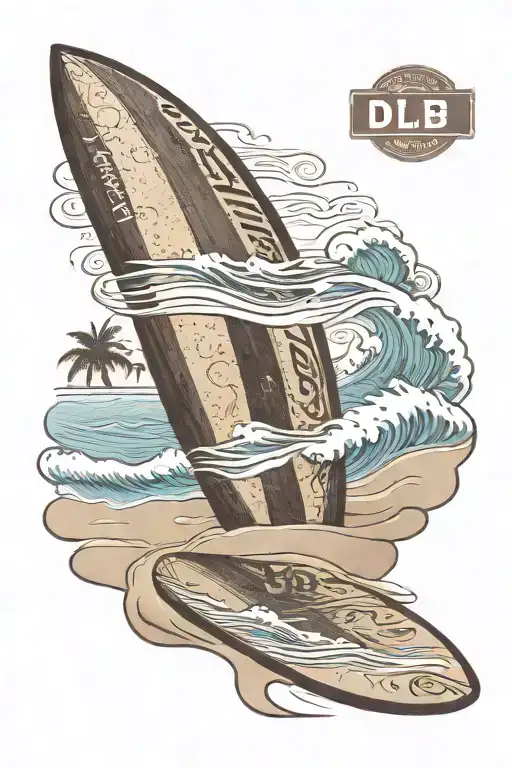 surfboard in the sand with the surfboard brand name being (D.L.B) and visible with a nice background  tattoo design idea
