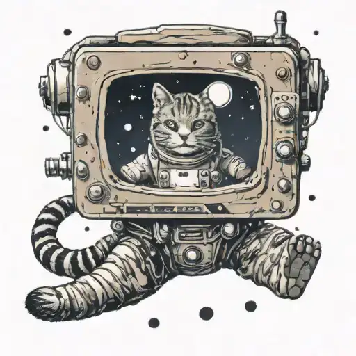 A TV screen showing a cat astronaut exploring outer space tattoo design idea