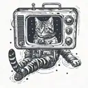 A TV screen showing a cat astronaut exploring outer space tattoo design idea