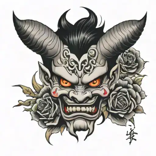 Japanese oni mask with roses and black flames   tattoo design idea