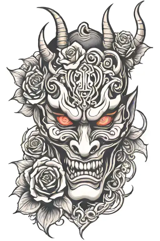 oni mask and rose intertwined tattoo design idea