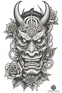 oni mask and rose intertwined tattoo design idea