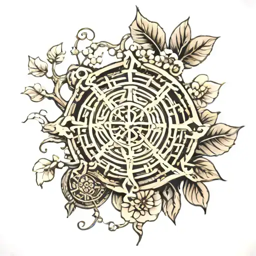 Bodhi tree and dharma wheel intertwined tattoo design idea
