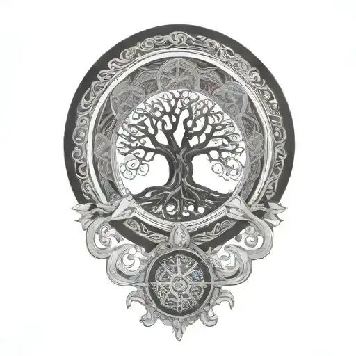 Bodhi tree and dharma wheel tattoo design idea