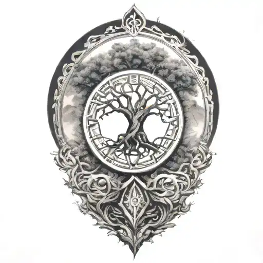 dharma wheel behind bohdi tree tattoo design idea