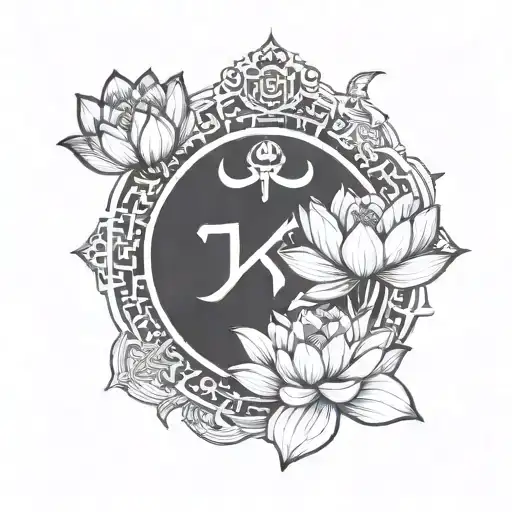 A punk rock inspired tattoo featuring a lotus flower and Buddhist symbols intertwined with Greek historical elements tattoo design idea