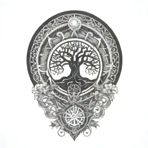 dharma wheel behind bohdi tree tattoo design idea