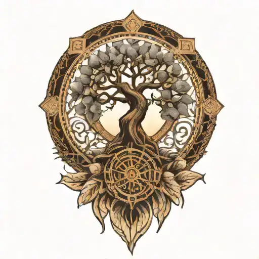 Bodhi tree and dharma wheel tattoo design idea