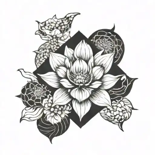 An ocean-inspired tattoo design incorporating lotus flowers and Buddhist symbols in a patchwork style tattoo design idea