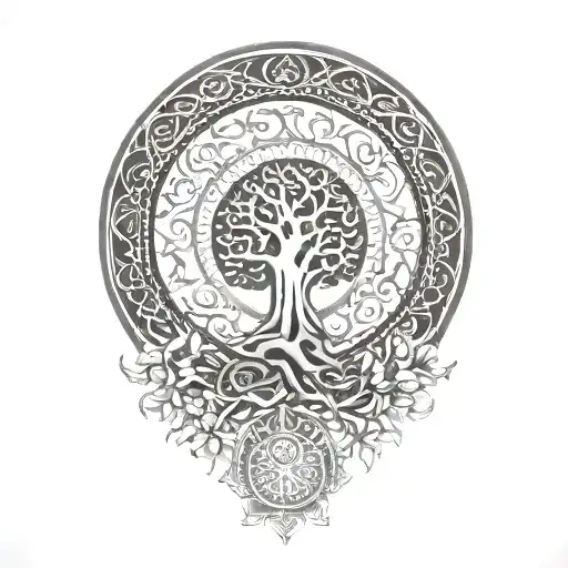 Bodhi tree and dharma wheel tattoo design idea