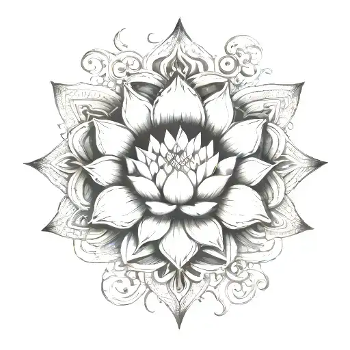 A punk rock inspired tattoo featuring a lotus flower and Buddhist symbols intertwined with Greek historical elements tattoo design idea