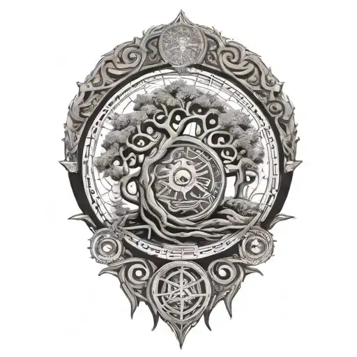 Bodhi tree and dharma wheel tattoo design idea