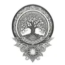 dharma wheel behind bohdi tree tattoo design idea