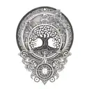 dharma wheel behind bohdi tree tattoo design idea