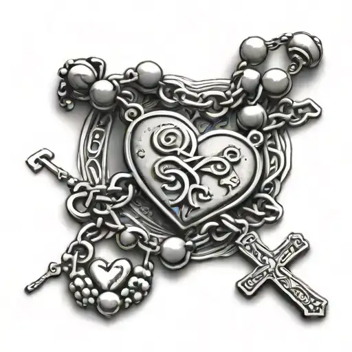 Rosary with heart shape beads and the names Meme & Pepe tattoo design idea
