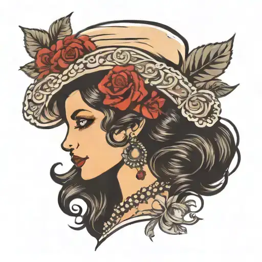 gipsy woman profile traditional lady head with roses and flower tattoo design idea