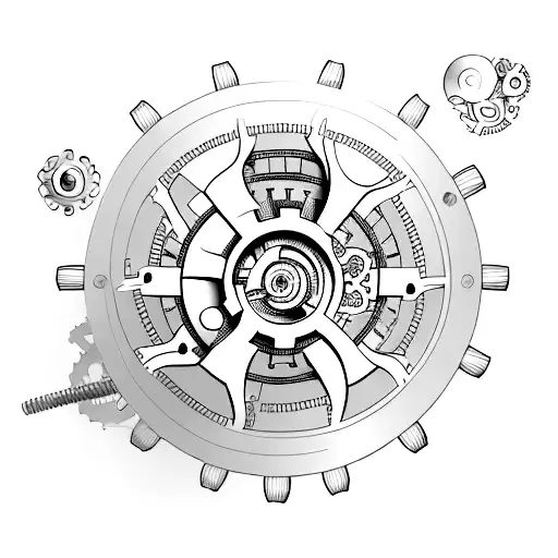 Create a minimalist design of a CT scan machine with gears and mechanical elements incorporated. tattoo design idea
